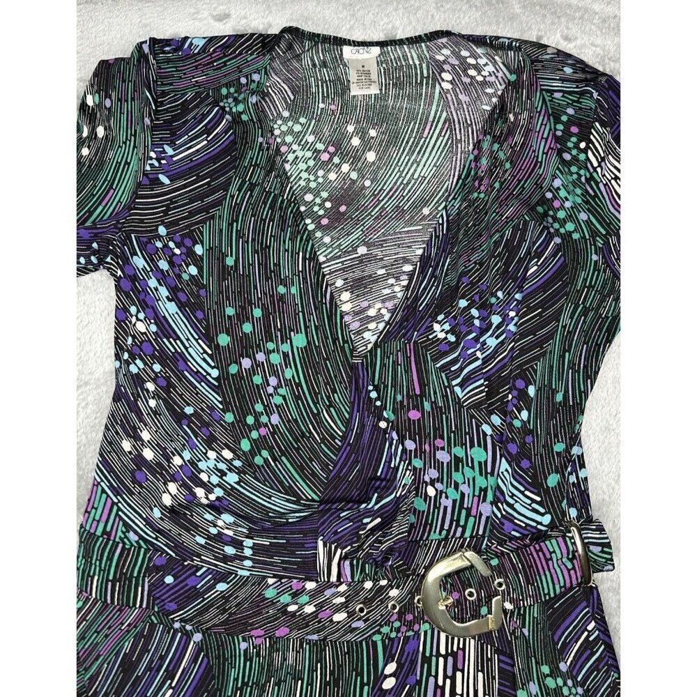 Cache Wrap Dress Medium Gold Buckle Black Geometric Print Stretch Classic Curvy